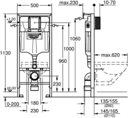 סט מיכל הדחה 38536001 סמוי GROHE לקירות גבס עם לחצן אובלי ניקל מבריק ואסלה תלויה מעוגלת Rimless רומא לבן מבריק ומושב טריקה שקטה