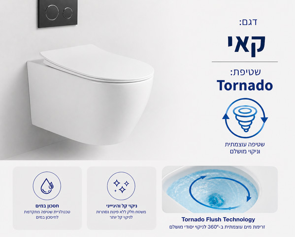 אסלה תלויה קאי מעוגלת אורך 53.5 ס"מ צבע לבן מבריק עם שטיפת טורנדו ומושב קשיח טריקה שקטה ונשלף