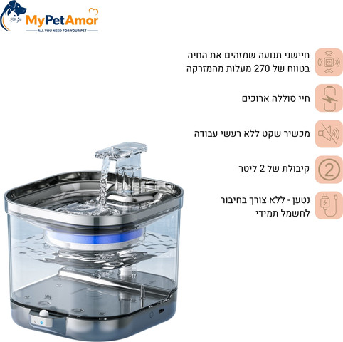 מזרקת מים לחתול ולכלב | אלחוטית נטענת | חיישני תנועה | 2 ליטר | Mypetamor | דגם Miko