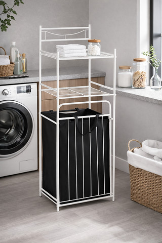 מתקן כביסה מתכת לבן עם סל בד נשלף ושני מדפים – LAUNDRY TOWER WHITE