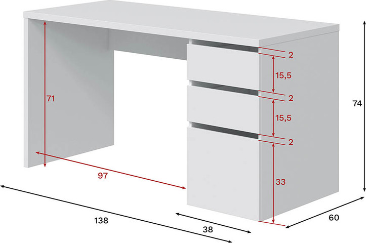 שולחן עבודה בצבע לבן במידה 138X60X74H ס"מ