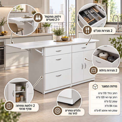 אי משולב למטבח על גלגלים כולל שולחן מתקפל צבע לבן