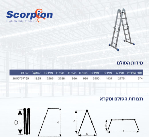 סולם אלומיניום טלסקופי מתקפל 3*4 עם רגליים מפוסקות - DOFAIR