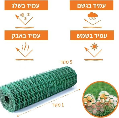 גדר רשת פלסטיק איכותית וגמישה, ניתנת לחיתוך לפי הצורך, 5 מטר אורך על 1 מטר רוחב, צבע ירוק, חורים 2X2 ס"מ