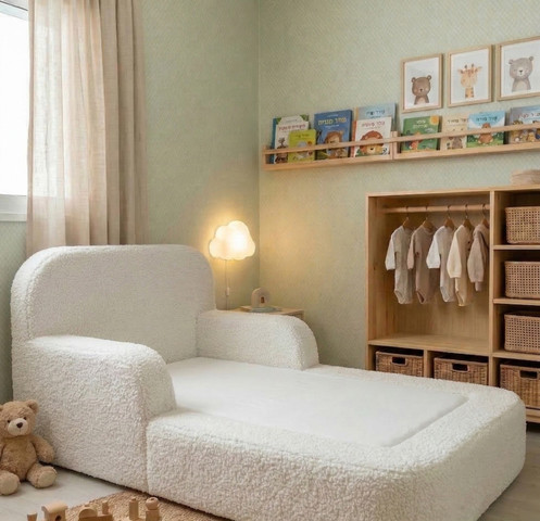 מיטת מעבר ספוג מונטסורית דגם Lucy מבד טדי בצבע Cotton White מאמו