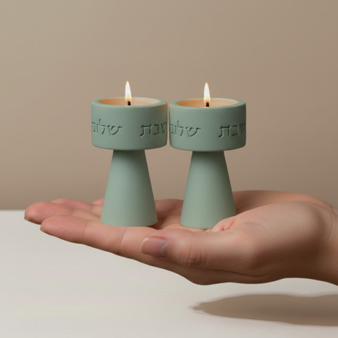 סט פמוטים מעוצבים לשבת מבטון קלאסי עם חריטת שבת שלום - צבע מנטה