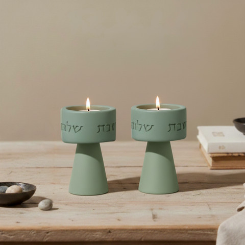 סט פמוטים מעוצבים לשבת מבטון קלאסי עם חריטת שבת שלום - צבע מנטה
