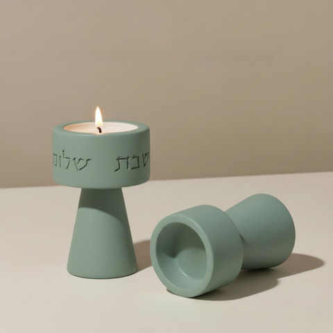 סט פמוטים מעוצבים לשבת מבטון קלאסי עם חריטת שבת שלום - צבע מנטה