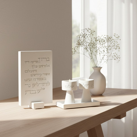 סט פמוטים לשבת מעוצב וברכת הדלקת נרות- דגם Timeless Glow - לבן