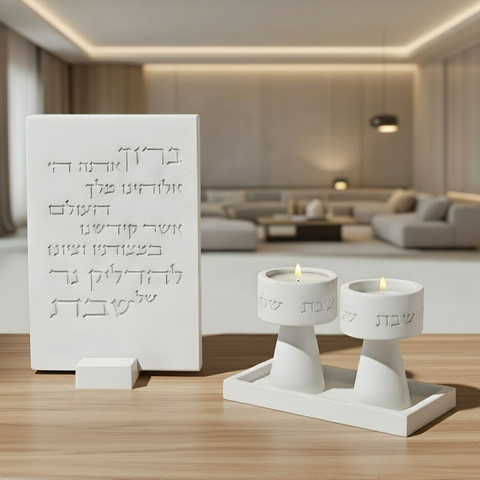סט פמוטים לשבת מעוצב וברכת הדלקת נרות- דגם Timeless Glow - לבן