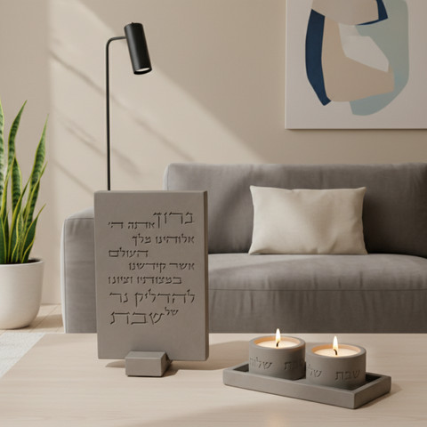 סט פמוטים מעוצבים לשבת עם ברכת הדלקת נרות - דגם Pure Line - אפור
