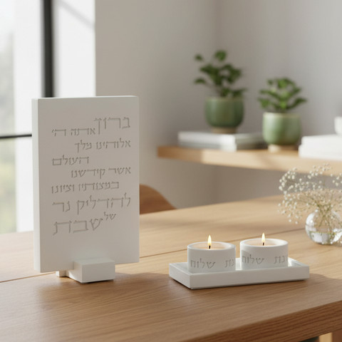 סט פמוטים מעוצבים לשבת עם ברכת הדלקת נרות - דגם Pure Line - לבן