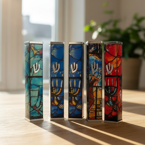 בית מזוזה יוקרתי בעיצוב אומנותי על רקע חלונות שאגאל דגם- Chagall - כחול