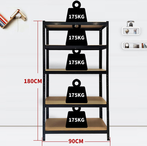 כוננית מתכת שחורה 5 מדפים MDF 180×90×40 – עד 175 ק״ג למדף
