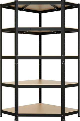 כוננית מתכת פינתית 5 מדפים MDF 90X40X180  שחור - עומס 175 ק"ג למדף