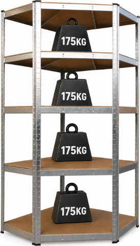 כוננית מתכת מגולוונת פינתית 5 מדפים MDF 70x40x180 מעמס 175 ק"ג למדף ( 2 ב-1)