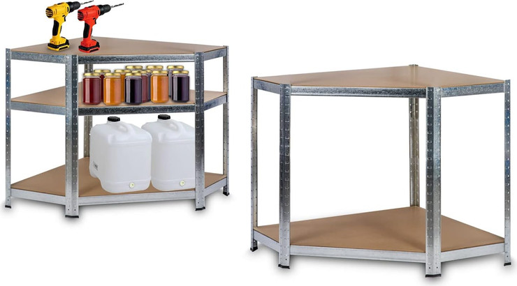 כוננית מתכת מגולוונת פינתית 5 מדפים MDF 70x40x180 מעמס 175 ק"ג למדף ( 2 ב-1)