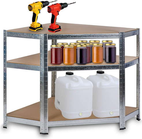כוננית מתכת מגולוונת פינתית 5 מדפים MDF 70x40x180 מעמס 175 ק"ג למדף ( 2 ב-1)