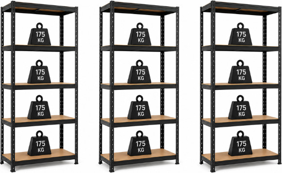שלישיית כונניות מתכת 5 מדפים MDF 180×90×40 שחור – עומס 175 ק״ג למדף (2 ב־1)