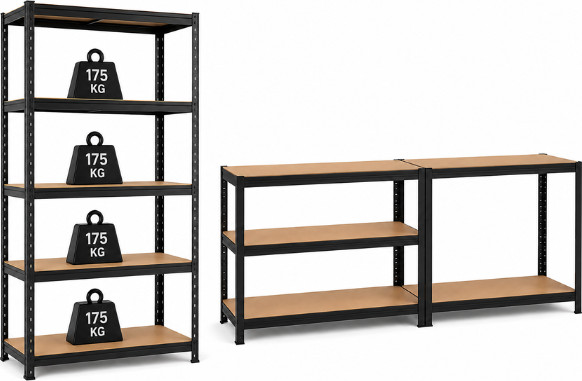 שלישיית כונניות מתכת 5 מדפים MDF 180×90×40 שחור – עומס 175 ק״ג למדף (2 ב־1)