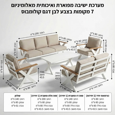 מערכת ישיבה מפוארת ואיכותית מאלומיניום 7 מקומות בצבע לבן דגם קולומבוס