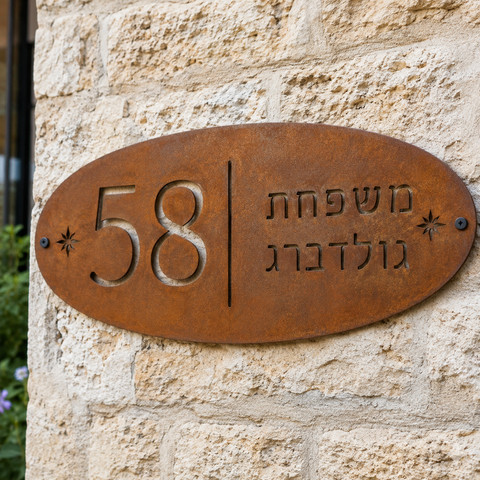 שלט מתכת אובלי לבית בהתאמה אישית – מספר בית ושם משפחה בעיצוב חלודה