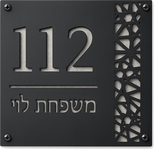 שלט מתכת מעוצב לבית בהתאמה אישית – מספר בית ושם משפחה בחיתוך דקורטיבי