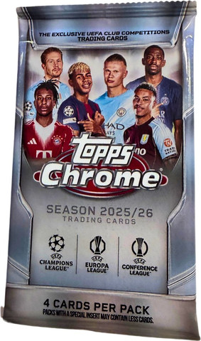 Topps Chrome UEFA Club Competitions 2025/26 – חבילת 4 קלפי כדורגל מקוריים