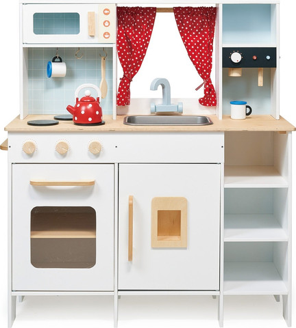 מטבח לילדים מעץ מלא Play Kitchen עם מיקרו, תנור, כיור ו 4 אביזרים