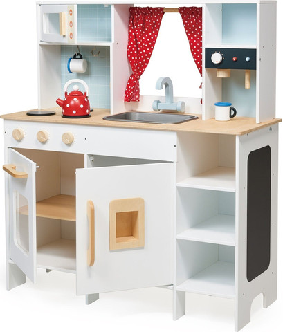 מטבח לילדים מעץ מלא Play Kitchen עם מיקרו, תנור, כיור ו 4 אביזרים