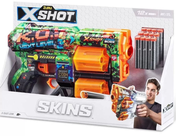 רובה ילדים אקס שוט SKINS כולל 12 חיצי ספוג למשחקי מלחמה עם חברים בחצר - K.O. צבעוני