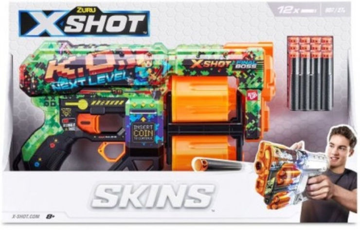 רובה ילדים אקס שוט SKINS כולל 12 חיצי ספוג למשחקי מלחמה עם חברים בחצר - K.O. צבעוני