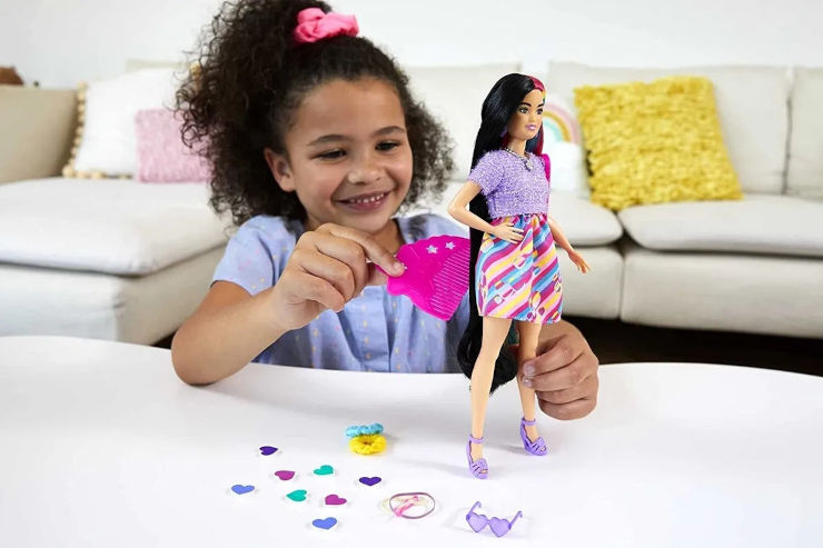 בובת ברבי Totally Hair עם שיער ארוך (22 ס"מ) קליפסים משני צבע ושלל אביזרים - ורוד