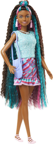 בובת ברבי Totally Hair עם שיער ארוך (22 ס"מ) קליפסים משני צבע ושלל אביזרים - תכלת