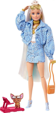 בובת ברבי אקסרה עם כלב ציוואווה | Barbie Extra Doll in Light Blue Skirt & Jacket with Chihuahua Pet