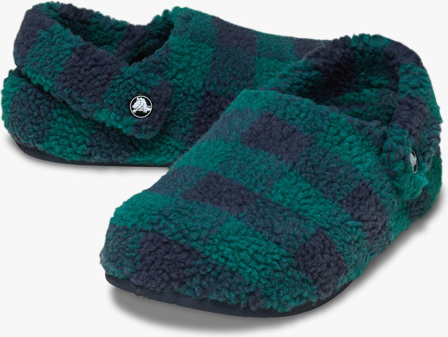 Crocs Classic Buffalo Check Cozzzy Slipper - נעלי בית קרוקס עם הדפס משובץ בצבע ירוק הוסטה/נייבי