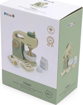 סט מיקסר מעץ מלא עם קערה, קרטון חלב, ביצה מחולקת, סוכר וקמח