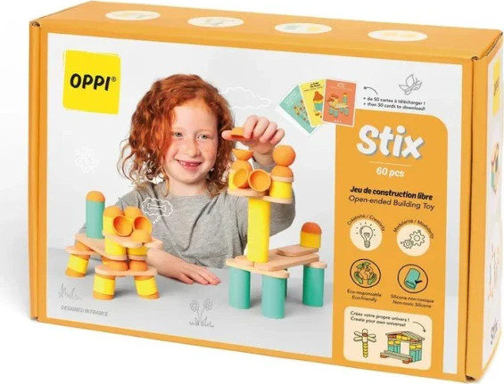 סטיקס - משחק בנייה מונטיסורי מעץ וסיליקון 60 חלקים - Oppi