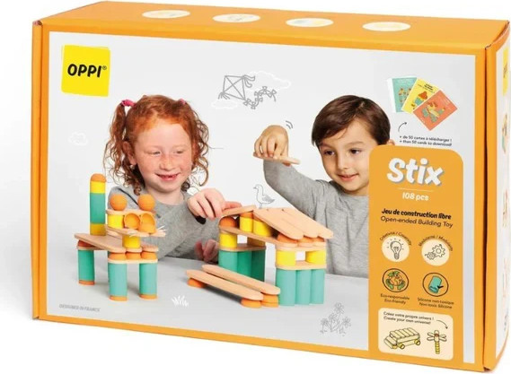 סטיקס - משחק בנייה מונטיסורי מעץ וסיליקון 108 חלקים - Oppi