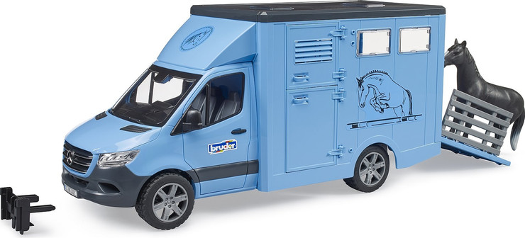 משאית מרצדס ספרינטר MB Sprinter כחולה להובלת סוסים, כולל דמות סוס לבן