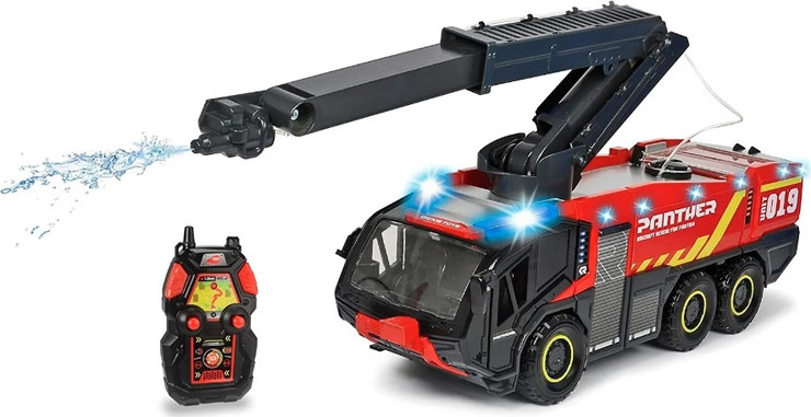 כבאית נמל תעופה RC 6X6 אורות וצלילים עם שלט רחוק, בעלת זרנוק מים על מנוף מתקפל היורה מים אמיתיים