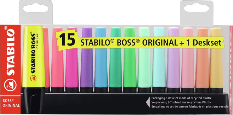סט טושים להדגשה STABILO BOSS עם 15 מרקרים זוהרים כולל מעמד שולחני