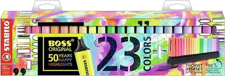 סט טושים להדגשה STABILO BOSS עם 23 מרקרים זוהרים כולל מעמד שולחני
