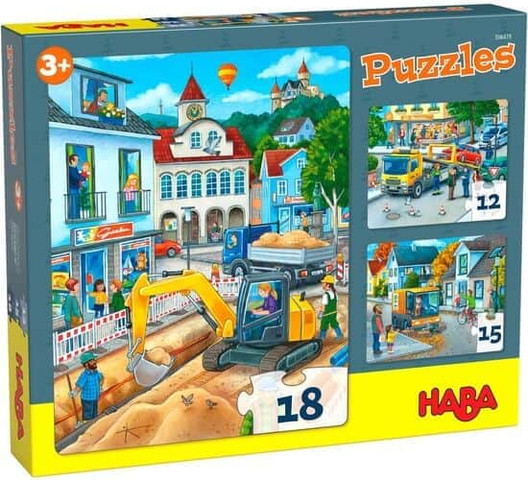 מארז 3 פאזלים בשלבים יום בעיר (12, 15 ו 18 חלקים) - HABA