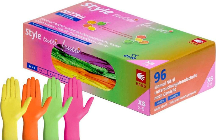 כפפות ניטריל מיקס 4 צבעים, לשימוש ברפואה, פדיקור רפואי, עיבוד מזון, אומנות גוף Tutti-Frutty Nitrile Gloves