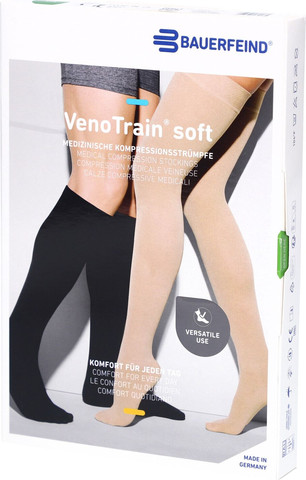 גרבי לחץ רפואיות VenoTrain Soft - Bauerfeind גרמניה – מעל הברך AG LONG, קצה פתוח, דרגת לחץ 2, צבע קרמל