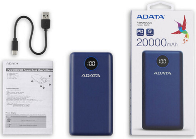 סוללת גיבוי ניידת 20,000mAh כולל חיבור Adata USB-C איי דאטא AP20000QCD שחור