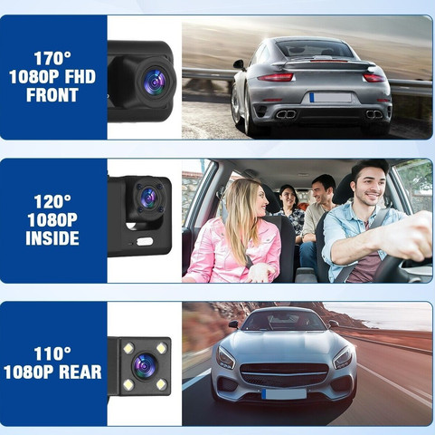 מצלמת דרך לרכב pro-vrx עם צג צבעוני ו- 3 עדשות לכיסוי מלא כולל הקלטה בחניה