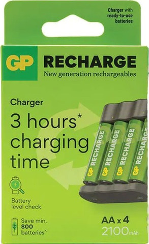 מטען GP RECHARGE עם 4 סוללות AA נטענות 2100mAh