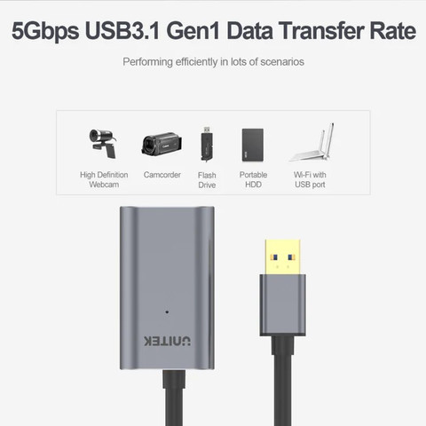 UNITEK כבל הארכה USB 3.0 אקטיבי 5 מטר | 5Gbps | כולל כניסת מתח ליציבות מלאה